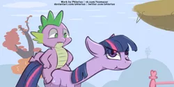 Size: 4000x2000 | Tagged: safe, artist:phlerius, derpibooru import, spike, twilight sparkle, pony, unicorn, digital art, horsebackriding, image, long neck, png, tree, tree branch, unicorn twilight