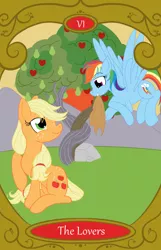 Size: 900x1400 | Tagged: safe, artist:sixes&sevens, derpibooru import, applejack, rainbow dash, apple, apple tree, appledash, female, food, image, intertwined trees, lesbian, mouth hold, pear tree, png, rock, shipping, stolen accessory, tarot card, the lovers, tree