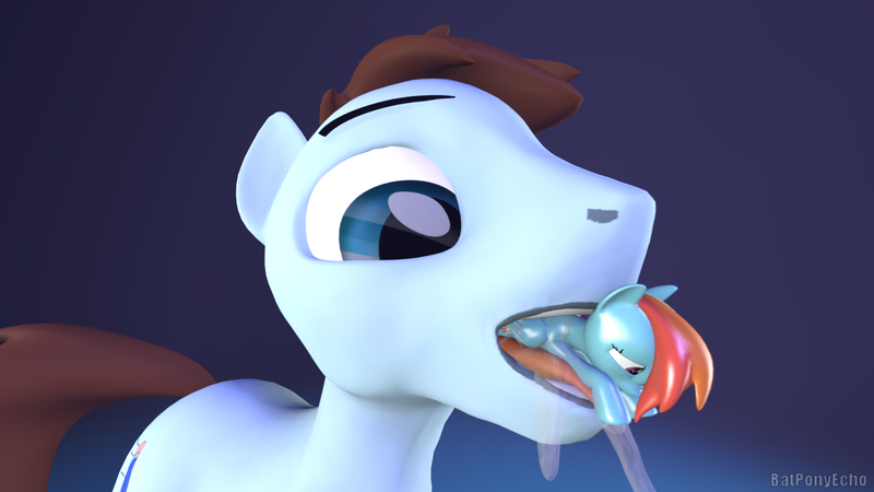 Size: 1280x720 | Tagged: suggestive, artist:batponyecho, derpibooru import, rainbow dash, oc, oc:swift sketch, unofficial characters only, earth pony, pegasus, pony, 3d, cutie mark, drool, giant pony, image, macro, male pred, mare prey, open mouth, png, simple background, solo, source filmmaker, tail, this will end in vore, vore