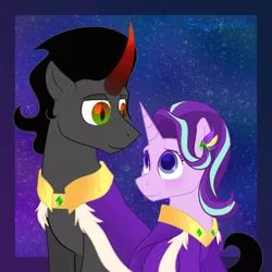 Size: 900x900 | Tagged: safe, artist:enigmadoodles, derpibooru import, king sombra, starlight glimmer, pony, unicorn, female, image, looking at each other, male, mare, png, shipping, stallion, starlightsombra, straight