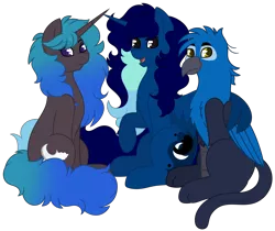 Size: 3146x2640 | Tagged: safe, artist:midnightamber, derpibooru import, oc, oc:gerald, oc:midnight, oc:nightlight canvas, unofficial characters only, alicorn, gryphon, pony, unicorn, derpibooru community collaboration, 2021 community collab, alicorn oc, colored wings, griffon oc, horn, hug, image, long hair, long mane, long tail, looking at camera, multicolored hair, multicolored mane, multicolored tail, multicolored wings, png, raised leg, simple background, sitting, smiling, transparent background, unicorn oc, winghug, wings