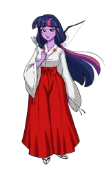 Size: 2551x4032 | Tagged: safe, artist:ameliacostanza, derpibooru import, part of a set, twilight sparkle, equestria girls, absurd resolution, anime, blouse, blushing, bow (weapon), clothes, cosplay, costume, crossover, hakama, image, inuyasha, japanese, kikyo, miko, moon runes, png, priestess, quiver, simple background, transparent background