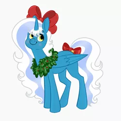 Size: 1024x1024 | Tagged: safe, artist:riofluttershy, derpibooru import, oc, oc:fleurbelle, alicorn, pony, adorabelle, alicorn oc, blushing, bow, christmas, cute, female, hair bow, happy, holiday, horn, image, jpeg, mare, smiling, tail bow, wings, wreath, yellow eyes