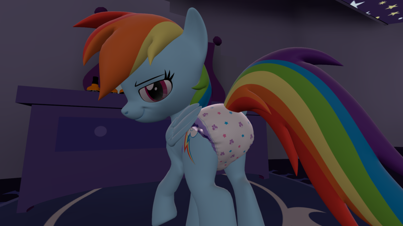 Size: 1009x567 | Tagged: artist needed, source needed, suggestive, derpibooru import, rainbow dash, pegasus, pony, 3d, diaper, diaper fetish, fetish, image, looking at you, looking back, looking back at you, png, smiling, smirk, solo, source filmmaker