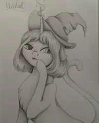 Size: 1080x1350 | Tagged: safe, artist:pony_riart, derpibooru import, oc, unofficial characters only, cat, cat pony, original species, pony, bust, grayscale, hat, horn, image, inktober, inktober 2020, jpeg, monochrome, solo, traditional art, witch hat