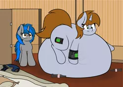 Size: 3000x2136 | Tagged: suggestive, artist:aaathebap, derpibooru import, oc, oc:homage, oc:littlepip, fallout equestria, adorafatty, bedroom, belly, belly bed, big belly, confused, confusion, cute, duo, fat, huge belly, image, impossibly large belly, inflation, jpeg, large butt, morbidly obese, not so little pip, obese, sparkle cola