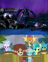 Size: 776x1000 | Tagged: safe, derpibooru import, edit, edited screencap, screencap, gallus, ocellus, sandbar, silverstream, smolder, yona, changeling, dragon, gryphon, hippogriff, pony, yak, school daze, beast machines, clash of hasbro's titans, comparison, determined, female, image, jetstorm, male, png, stallion, student six, tankor, thrust, transformers, vehicon