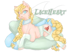 Size: 1000x720 | Tagged: safe, artist:artbleed, derpibooru import, oc, oc:lace heart, unofficial characters only, earth pony, pony, bow, braid, braided tail, earth pony oc, female, image, lying down, mare, pillow, png, prone, simple background, solo, tail bow, transparent background