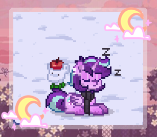 Size: 307x268 | Tagged: safe, artist:einkawans, derpibooru import, starlight glimmer, alicorn, pony, pony town, alicornified, apple, clothes, cloud, crescent moon, eyes closed, food, image, lying down, moon, onomatopoeia, outdoors, pixel art, png, prone, race swap, scarf, sleeping, snow, solo, sound effects, starlicorn, xk-class end-of-the-world scenario, z