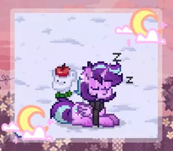 Size: 307x268 | Tagged: safe, artist:einkawans, derpibooru import, starlight glimmer, alicorn, pony, pony town, alicornified, apple, clothes, cloud, crescent moon, eyes closed, food, image, lying down, moon, onomatopoeia, outdoors, pixel art, png, prone, race swap, scarf, sleeping, snow, solo, sound effects, starlicorn, xk-class end-of-the-world scenario, z