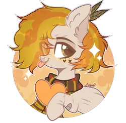 Size: 2055x2001 | Tagged: safe, artist:lazuli0209, derpibooru import, oc, unofficial characters only, earth pony, pony, :p, bandage, bust, clothes, commission, ear fluff, earth pony oc, eye clipping through hair, heart, heart eyes, heart pillow, image, pillow, png, scarf, signature, simple background, solo, tongue out, transparent background, wingding eyes, ych result