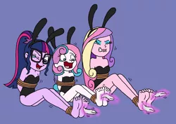 Size: 2242x1591 | Tagged: suggestive, artist:bugssonicx, derpibooru import, princess cadance, princess flurry heart, sci-twi, twilight sparkle, equestria girls, arm behind back, aunt and niece, barefoot, bondage, bunny ears, bunny suit, clothes, crying, dean cadance, equestria girls-ified, eyes closed, feather, feet, female, femsub, fetish, foot fetish, image, laughing, lip bite, older, older flurry heart, one eye closed, open mouth, png, rope, rope bondage, sisters-in-law, soles, subdance, submissive, tears of laughter, teary eyes, tickle fetish, tickle torture, tickling, tied up, trio, trio female, twisub