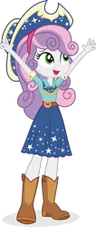 Size: 2386x5638 | Tagged: safe, artist:punzil504, derpibooru import, sweetie belle, equestria girls, arms in the air, belt, boots, clothes, cow belle, cowboy boots, cowboy hat, cowgirl, cute, cutie mark, cutie mark on clothes, diasweetes, female, hairband, hat, image, open mouth, png, shirt, shoes, simple background, skirt, solo, stetson, transparent background