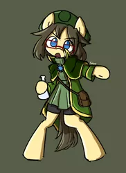 Size: 646x886 | Tagged: safe, artist:spheedc, derpibooru import, oc, oc:khyoo, unofficial characters only, earth pony, pony, semi-anthro, bipedal, bottle, clothes, digital art, female, glasses, image, mare, meganekko, png, potion, satchel, simple background, solo