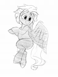 Size: 1536x2048 | Tagged: safe, artist:dimfann, derpibooru import, oc, unofficial characters only, pegasus, pony, grayscale, image, jpeg, looking down, monochrome, sketch, smiling, solo, spread wings, wings
