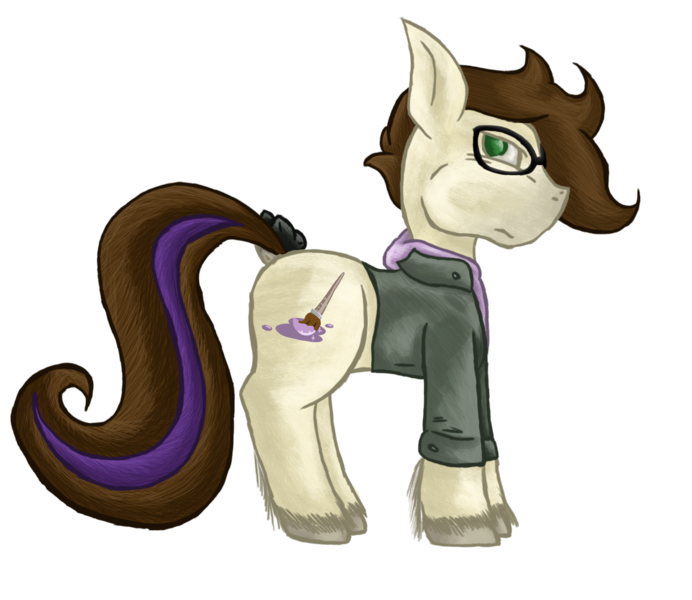 Size: 1702x1476 | Tagged: safe, artist:lil_vampirecj, derpibooru import, oc, oc:cjvampire, unofficial characters only, earth pony, pony, vampire, derpibooru community collaboration, 2021 community collab, arabian pony, art, bow, brown mane, clothes, cutie mark, glasses, green eyes, hoodie, hooves, image, jacket, no watermark, paintbrush, png, simple background, solo, tail bow, tail highlight, transparent background