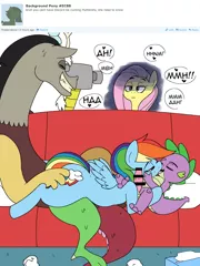 Size: 1700x2270 | Tagged: explicit, artist:php137, derpibooru import, discord, fluttershy, rainbow dash, spike, draconequus, pegasus, pony, unicorn, ambiguous penetration, caught, censor bar, censored, colored sketch, couch, cuckolding, cuckquean, discodash, female, french kiss, group sex, image, implied infidelity, kissing, male, nudity, penis, png, rainbowspike, sex, shipping, sketch, speech bubble, straight, threesome, yandereshy