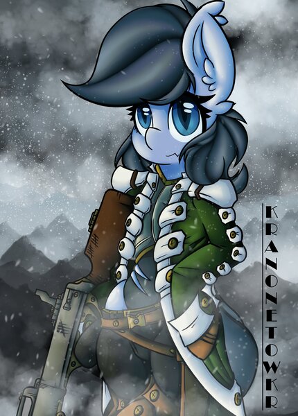 Size: 2937x4096 | Tagged: safe, artist:kranonetwork, derpibooru import, oc, oc:anfisa, anthro, bat pony, pony, roan rpg, amputee, clothes, coat, gun, homebrew, image, jpeg, machine gun, mountain, mountain range, prosthetic limb, prosthetics, rpg, snow, solo, uniform, weapon