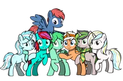 Size: 4096x2700 | Tagged: safe, artist:speedy dashie, derpibooru import, oc, oc:accurate balance, oc:chela, oc:dramatic fancy, oc:freedom melody, oc:fuchsia, oc:illusory frost, oc:liquid heart, oc:star shadow, oc:utopia, unofficial characters only, earth pony, pegasus, pony, unicorn, derpibooru community collaboration, 2021 community collab, accopia, blue eyes, clothes, derpibooru exclusive, female, gray eyes, green eyes, green skin, group photo, image, looking at you, multicolored hair, not lyra, png, purple eyes, scarf, simple background, smiling, transparent background, ula