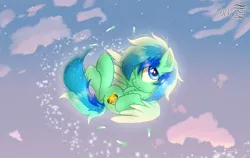 Size: 2000x1264 | Tagged: safe, artist:jadebreeze115, derpibooru import, oc, oc:jade breeze, unofficial characters only, pegasus, pony, blue eyes, blue hair, chest fluff, cloud, colored wings, cute, digital art, ear fluff, expressionless face, falling, feather, flying, glowing orb, gradient wings, hooves to the chest, image, legs, legs in air, looking away, male, multicolored hair, pegasus oc, png, shading, solo, sparkles, stallion, starry sky, sunset, tail, wings