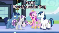 Size: 1280x720 | Tagged: safe, derpibooru import, night light, princess cadance, princess flurry heart, shining armor, twilight velvet, the crystalling, crystal empire, family, female, grandfather and grandchild, grandfather and granddaughter, grandmother and grandchild, grandmother and granddaughter, grandparents and grandchildren, grandparents day, image, male, png