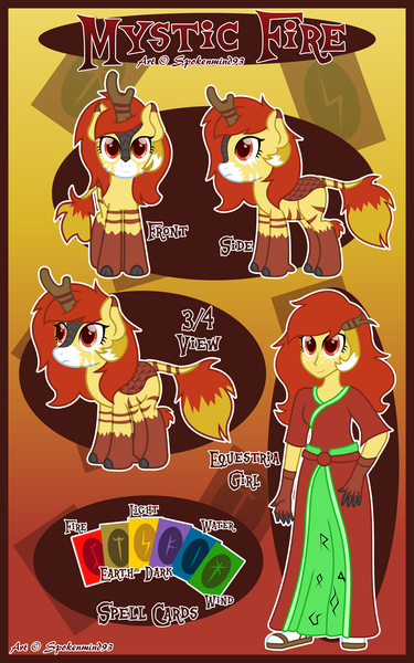 Size: 2500x4000 | Tagged: safe, artist:spokenmind93, derpibooru import, oc, oc:mystic fire, delphox, human, hybrid, kirin, zebra, equestria girls, 3/4 view, clothes, front view, hairclip, image, kirin oc, png, pokémon, reference sheet, side view, spell card, vaguely asian robe, zebra kirin, zebra oc