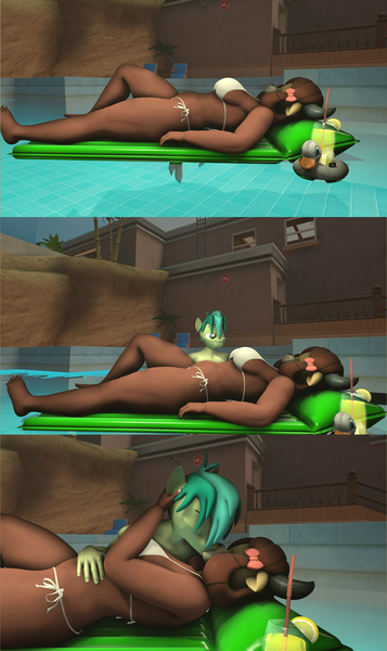 Size: 1922x3233 | Tagged: safe, artist:kingdude84, derpibooru import, part of a set, sandbar, yona, anthro, earth pony, plantigrade anthro, yak, 3d, barefoot, bedroom eyes, bikini, breasts, busty yona, clothes, feet, female, french kiss, hand on head, holding head, image, interspecies, jpeg, kissing, larger female, male, part of a series, shipping, size difference, smaller male, source filmmaker, straight, swimming pool, swimsuit, thighs, thong swimsuit, thunder thighs, yonabar, yonathighs