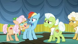 Size: 1280x720 | Tagged: safe, derpibooru import, screencap, apple rose, goldie delicious, granny smith, rainbow dash, pony, grannies gone wild, image, jpeg