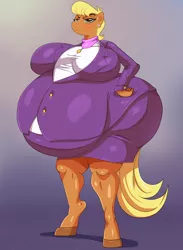 Size: 2500x3413 | Tagged: suggestive, artist:adultart, derpibooru import, ms. harshwhinny, anthro, earth pony, unguligrade anthro, belly, big belly, big breasts, blonde mane, blue eyes, breasts, businessmare, business suit, busty ms. harshwhinny, butt, clothes, curvy, fat, fat fetish, female, fetish, full belly, hand on hip, huge belly, huge breasts, huge butt, hyper, hyper belly, image, impossibly large belly, impossibly large breasts, impossibly large butt, jpeg, large butt, looking at you, ms. lardwhinny, not pregnant, pose, scowling, sexy, simple background, solo, solo female, stuffed, stuffed belly, thicc ass