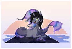 Size: 2826x1936 | Tagged: safe, artist:aureai, derpibooru import, oc, ponified, ponified:kellin quinn, pony, siren, cloven hooves, commission, crossed hooves, curved horn, fangs, fins, fish tail, happy, horn, image, looking at you, lying down, ocean, open mouth, png, prone, rock, scales, signature, solo, sunset, water