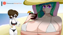 Size: 4096x2304 | Tagged: suggestive, alternate version, artist:a-strange-cloud, derpibooru import, princess celestia, raven, human, areola, areola slip, beach, beach babe, beverage, big breasts, bikini, bikini babe, bikini top, blushing, breasts, busty princess celestia, clothes, cocktail, coconut, coconut drink, drink, drinking straw, eyes on the prize, female, food, glasses, hat, huge breasts, humanized, hyper, hyper breasts, image, impossibly large breasts, jpeg, looking at you, outdoors, straw, straw hat, string bikini, sunscreen, swimsuit, useless clothing