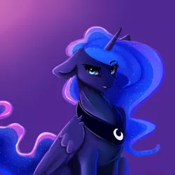 Size: 4000x4000 | Tagged: safe, artist:miokomata, banned from derpibooru, deleted from derpibooru, derpibooru import, princess luna, alicorn, pony, absurd resolution, cute, eye clipping through hair, eyebrows visible through hair, female, floppy ears, glowing mane, gradient background, horn, image, jewelry, looking at you, lunabetes, mare, png, regalia, signature, simple background, solo, wings