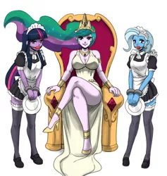 Size: 2000x2107 | Tagged: suggestive, alternate version, artist:johnjoseco, color edit, derpibooru import, edit, princess celestia, trixie, twilight sparkle, human, ballgag, bdsm, bondage, breasts, busty princess celestia, clothes, colored, female, femdom, gag, humanized, image, lesbian, maid, png, pony coloring, praise the sun, shipping, socks, stockings, thigh highs, twilestia, twixie, twixlestia