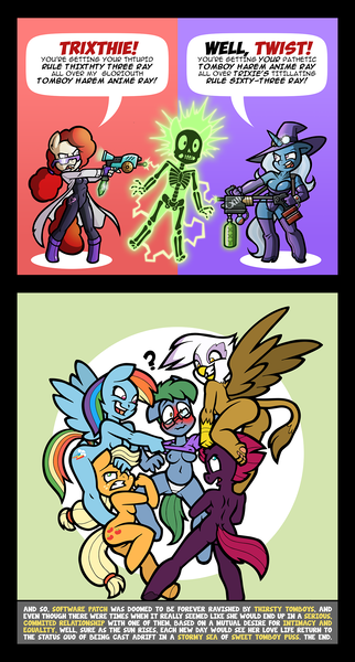 Size: 1384x2577 | Tagged: questionable, artist:toonbat, derpibooru import, applejack, fizzlepop berrytwist, gilda, rainbow dash, tempest shadow, trixie, twist, oc, oc:software patch, anthro, blushing, braless, breasts, clothes, comic, evening gloves, female, glasses, gloves, goggles, image, lab coat, latex, latex suit, lesbian, long gloves, mad scientist, nipples, nondescript nipples, nudity, oc gets all the mares, panties, partial nudity, patreon, patreon reward, png, rule 63, shirt, shirt lift, socks, thigh highs, underwear, white underwear