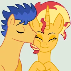 Size: 893x897 | Tagged: safe, artist:jadethepegasus, derpibooru import, flash sentry, sunset shimmer, female, flashimmer, image, kiss on the cheek, kissing, male, png, shipping, straight