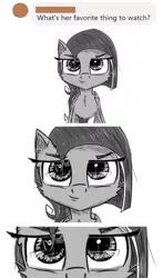 Size: 1250x2129 | Tagged: safe, artist:chopsticks, derpibooru import, oc, oc:cookie cutter, unofficial characters only, pegasus, pony, ask, ask cookie cutter, cheek fluff, chest fluff, ear fluff, female, filly, image, looking at you, monochrome, png, smiling, smirk, solo, staring into your soul