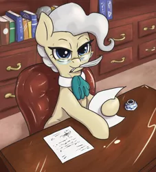 Size: 1660x1830 | Tagged: safe, artist:t72b, derpibooru import, mayor mare, earth pony, pony, book, chair, derpibooru exclusive, desk, female, glasses, image, inkwell, looking at you, mare, mouth hold, office, paperwork, png, quill, sitting, solo