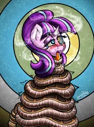 Size: 1700x2300 | Tagged: suggestive, artist:swirlyponies, banned from derpibooru, deleted from derpibooru, derpibooru import, starlight glimmer, snake, abstract background, blushing, bondage, coiling, coils, hypnosis, hypnotized, image, jpeg, kaa eyes, magic, open mouth, submissive, swirly eyes, tongue out