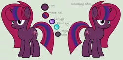 Size: 3486x1721 | Tagged: safe, artist:lominicinfinity, derpibooru import, oc, oc:smoking star, pony, unicorn, female, image, magical lesbian spawn, mare, offspring, parent:tempest shadow, parent:twilight sparkle, parents:tempestlight, png, reference sheet, simple background, solo