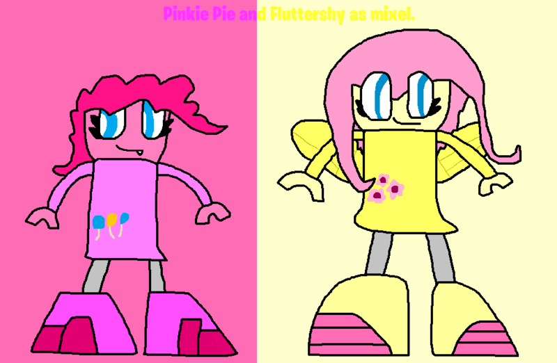 Size: 1006x657 | Tagged: safe, artist:luqmandeviantart2000, derpibooru import, fluttershy, pinkie pie, anthro, 1000 hours in ms paint, crossover, cutie mark, duo, image, lego, mixels, png, species swap, voice actor joke