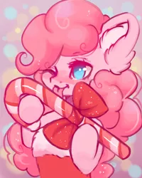 Size: 800x1000 | Tagged: safe, artist:valeria_fills, derpibooru import, pinkie pie, earth pony, pony, ;p, blushing, bow, candy, candy cane, cute, digital art, female, food, image, licking, mare, one eye closed, png, solo, tongue out, wink