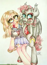 Size: 442x604 | Tagged: semi-grimdark, artist:maryhoovesfield, derpibooru import, oc, unofficial characters only, bat pony, semi-anthro, ahegao, bat pony oc, bat wings, blood, clothes, duo, ear fluff, eyes rolling back, hoof hold, image, jpeg, neck biting, open mouth, signature, skirt, tongue out, traditional art, unshorn fetlocks, wings