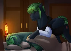 Size: 1280x916 | Tagged: safe, artist:imreer, derpibooru import, oc, unofficial characters only, pegasus, pony, bed, blanket, clothes, duo, hoodie, hoof hold, image, indoors, jpeg, lava lamp, male, pegasus oc, pillow, sleeping, stallion, tucking in, wings