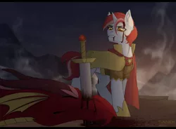 Size: 3500x2580 | Tagged: safe, artist:sinner_png, derpibooru import, oc, oc:mercy, dragon, unicorn, armor, image, png, solo, sword, weapon