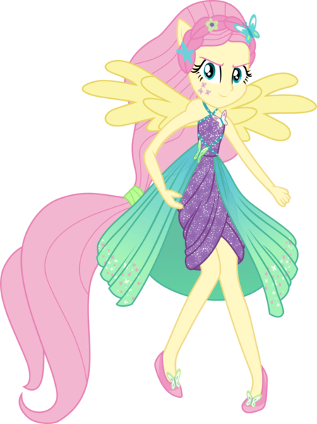 Size: 1009x1349 | Tagged: safe, artist:lincolnbrewsterfan, derpibooru import, part of a set, fluttershy, human, equestria girls, .svg available, >:), alternative cutie mark placement, bare shoulders, clothes, derpibooru exclusive, determined smile, dress, facial cutie mark, flower, flower in hair, glow, halterneck, humanized, image, inkscape, png, ponied up, pony ears, shoes, shoulder muscle, simple background, sleeveless, solo, sparkles, super ponied up, the elements, transparent background, vector, winged humanization, wings