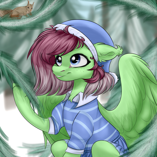 Size: 2000x2000 | Tagged: safe, derpibooru import, oc, oc:watermelon success, pegasus, pony, clothes, female, forest, image, jpeg, mare, pegasus oc, snow, tree, wings