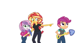 Size: 2944x1656 | Tagged: safe, artist:gmaplay, derpibooru import, scootaloo, sunset shimmer, sweetie belle, all the world's off stage, equestria girls, equestria girls series, director shimmer, image, pickaxe, png, school play, shovel, simple background, transparent background