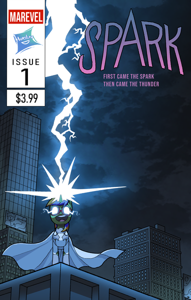 Size: 2100x3300 | Tagged: safe, artist:jodthecod, derpibooru import, oc, oc:storm spark, unofficial characters only, pony, unicorn, building, cape, city, cityscape, clothes, cloud, cloudy, comic, comic cover, costume, electricity, glasses, glowing eyes, glowing horn, horn, image, lightning, male, manehattan, png, solo, superhero