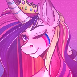 Size: 2480x2480 | Tagged: safe, artist:rubimlp6, derpibooru import, princess cadance, alicorn, pony, bisexual pride flag, crown, face paint, female, headcanon, image, jewelry, lgbt headcanon, mare, markings, one eye closed, pink background, png, pride, pride flag, redesign, regalia, sexuality headcanon, simple background, solo, wink