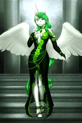 Size: 4000x6000 | Tagged: safe, artist:mykegreywolf, derpibooru import, oc, oc:eos, unofficial characters only, alicorn, anthro, unguligrade anthro, absolute cleavage, alicorn oc, breasts, cleavage, clothes, commission, detailed background, dress, female, green eyes, green hair, horn, image, jpeg, smiling, solo, wings